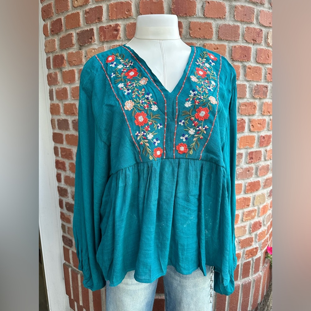 Teal Embroidered Boho Peasant Ruffle Loose Women's Top